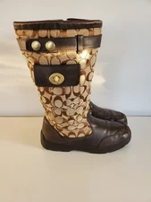 Coach KAYLA Logo Zip Rain/Winter Signature Logo Leather Canvas Pocket Boots Sz 9