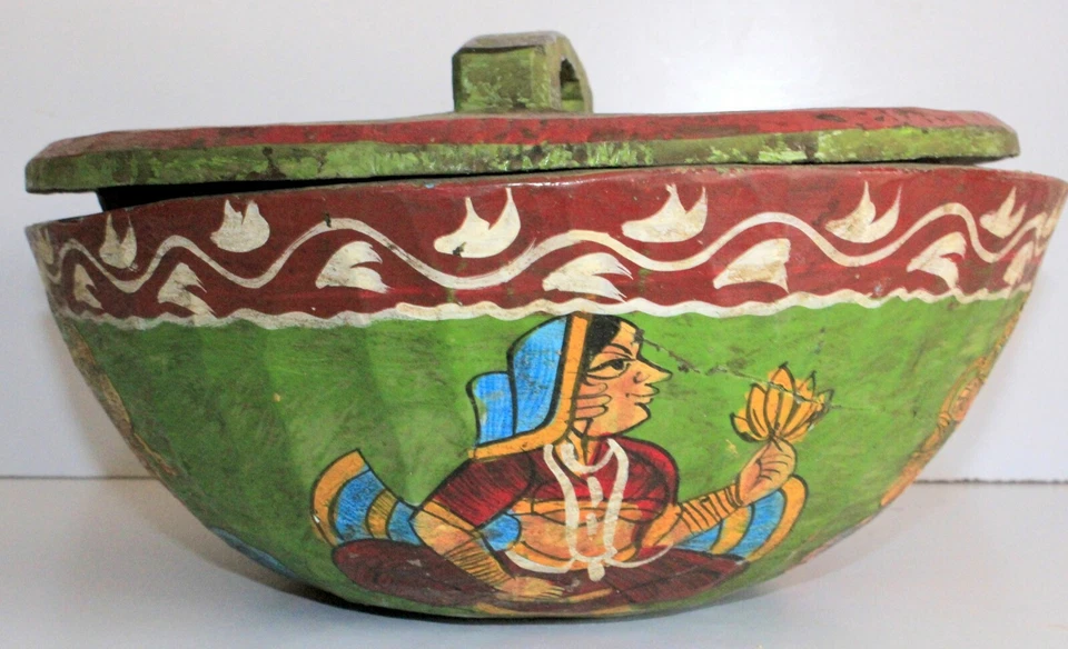 Arte popular de madera vintage diosa india pintura tazón grande olla con tapa Foto 3 de 4