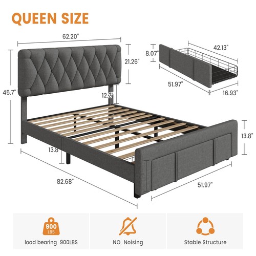 Full Queen King Size Bed Frame Upholstered Headboard Platform w/ Storage Drawers - Picture 2 of 12