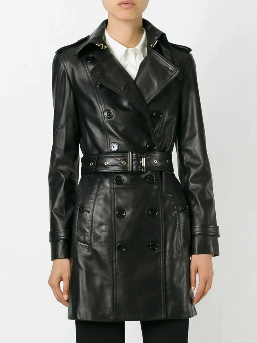 Black Leather Trench Coat For Women Genuine Lambskin Mid Length