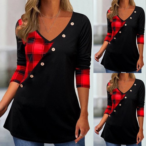 Women Christmas V Neck Long Sleeve Check Button Tunic Tops Ladies Casual Blouse