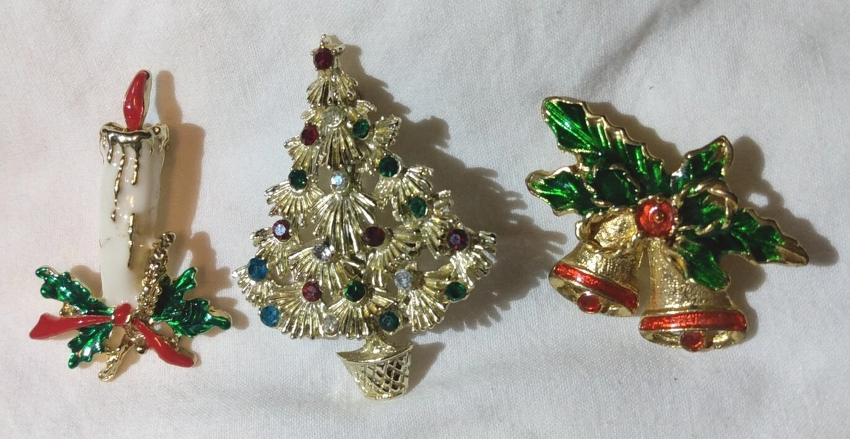 Vintage Christmas Brooches Pins Lot of 3 Rhinestones and Enameled