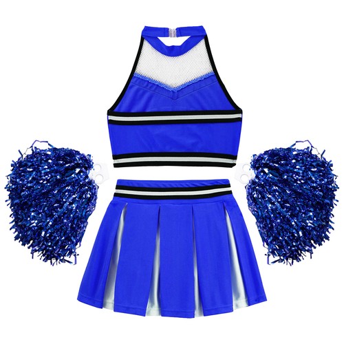 Kids Girls Cheer Leader Costume Cheerleading Uniform Crop Top Skirt Pom Poms Set - 第 18/51 張圖片