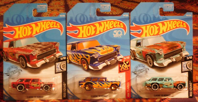 3 Hot Wheels CLASSIC '55 NOMAD '18 Blue Flames, '19 Red & Turquoise Rod Squad