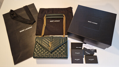 YSL Saint Laurent ENVELOPE Medium Bag Green Quilted Grain de Poudre