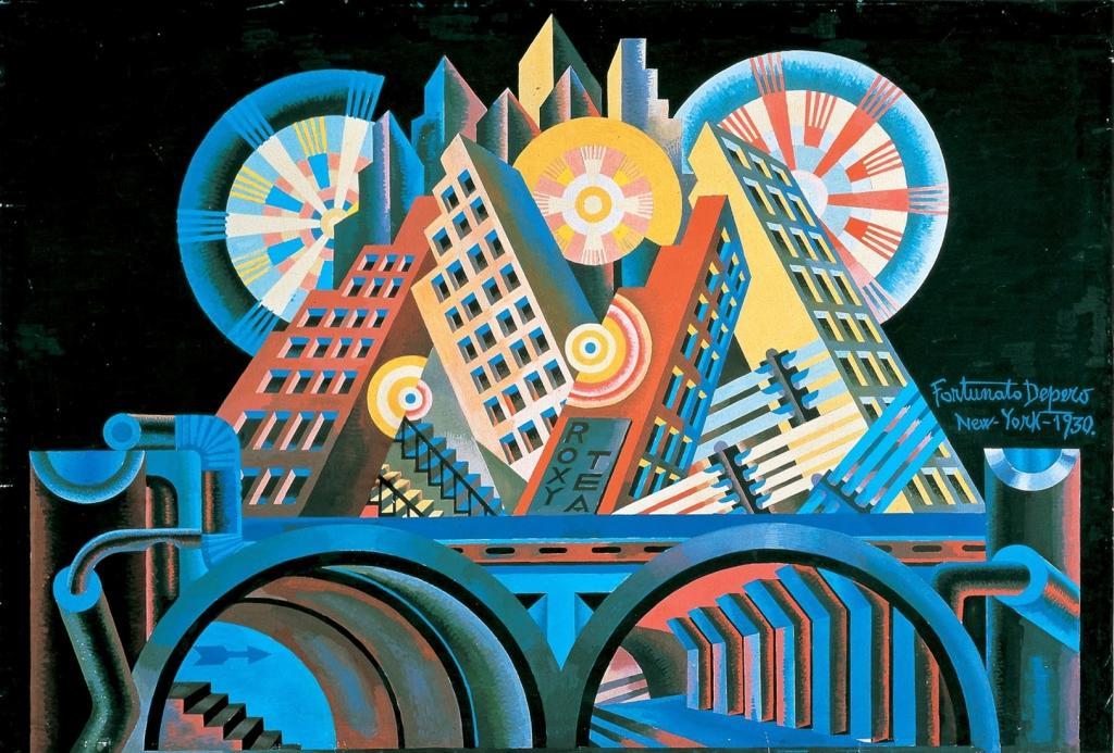アート・デザイン・音楽 Fortunato Depero Stoffe Futuriste Skyscrapers and Tunnels Art Print Fortunato Depero 1915 Futurism