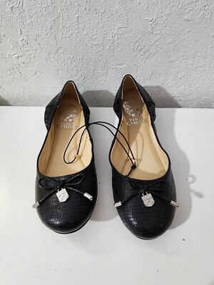 Vince Camuto Eryn Black Faux Leather Slip On Bow Ballet Flat Shoes Size 5.5