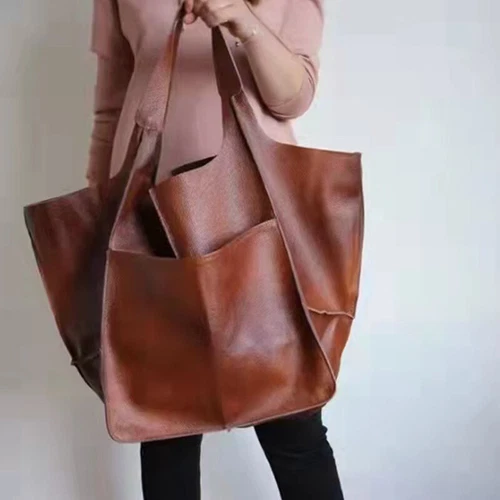 Women Large Capacity Soft Leather Casual Tote Shoulder Bag Retro Shopper Handbag - Picture 9 of 35