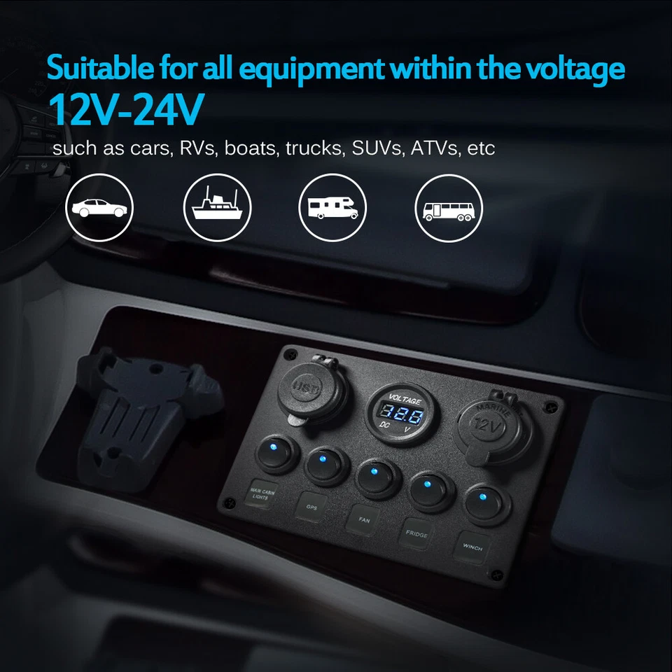 Dual USB 5-Gang Rocker Switch Panel 12-24V Toggle Voltmeter Charger For Car Boat - Image 4 of 4