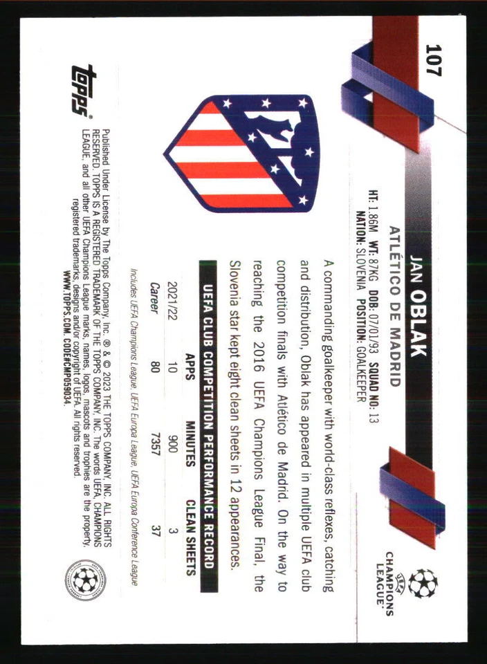 Jan Oblak 2022-23 Topps UEFA  1st Edition #107 SOCCER Card - Image 2 of 2