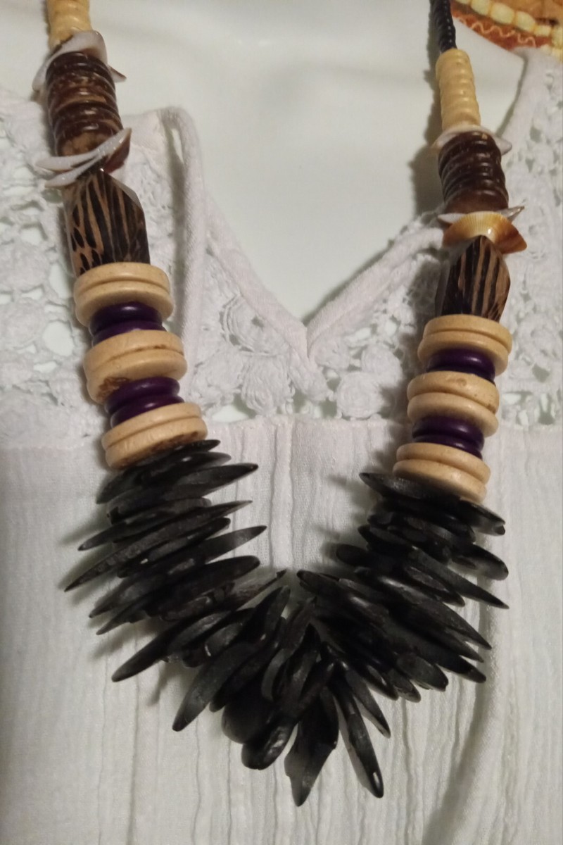 Chunky Wood Bead Necklace Black & Brown Chipped Wood Bead Shell 24" View 6