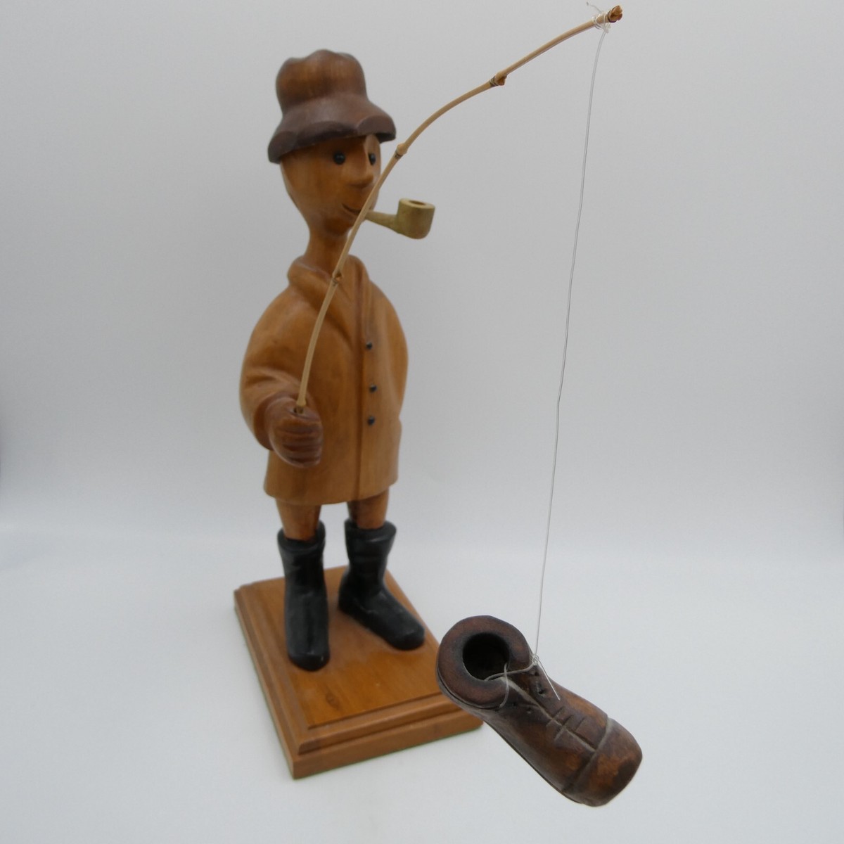 Romer Wood Carved Art Sculpture Fisherman Pipe Boot Italy Humor