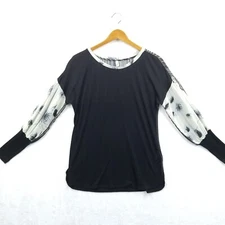 Anthropologie Tiny Top Women M Black Raye Blouson Sheer Sleeve Mixed Boho Shirt