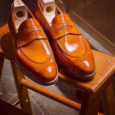 Handmade Men's Leather Casual Formal Loafers Slip Ons Dress Tan Color Shoes-156