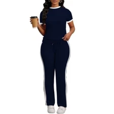 Women's 2pcs Outfits Casual Short Sleeve Tops Sweatpants Colorblock Jogger Sets