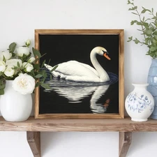 Swan Reflection Wooden Framed Art Plaque Sign Elegant Home Desktop Decoration