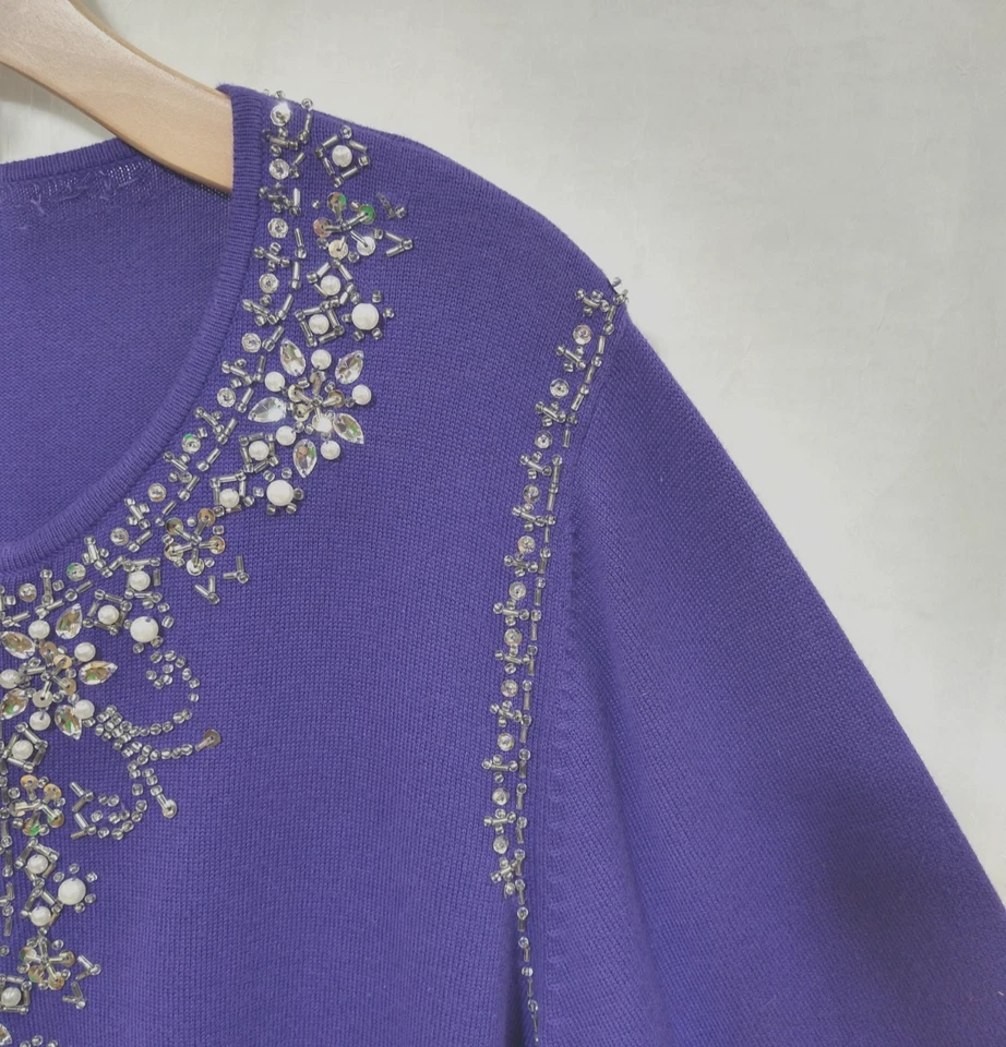Festive Quacker Factory Purple Beaded Sequin Knit Sweater, sz L Holiday Party - Image 3 of 4