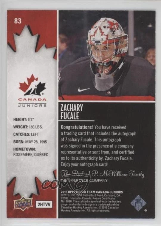 2015 Upper Deck Team Canada Juniors Black Foil /5 Zachary Fucale Rookie Auto RC - Image 2 of 2