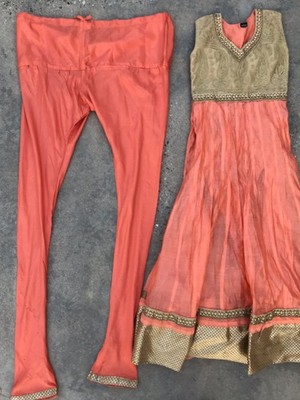 Indian Outfit Cute Gold & Pink Stitched Dress w/ Large Leggings Dress is 12 x 49