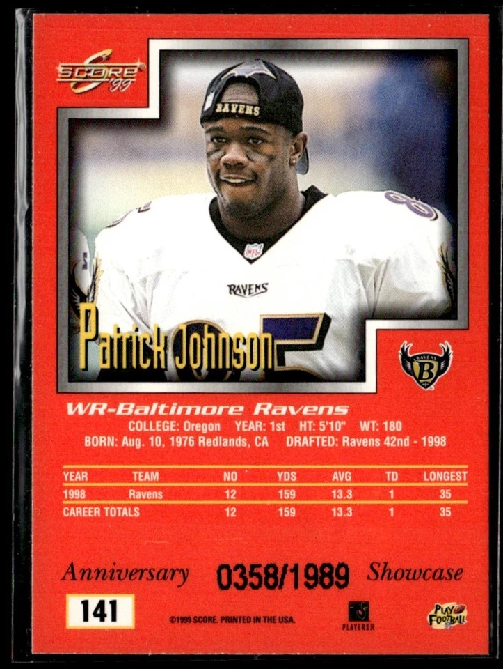 Patrick Johnson 1999 Score 10th Anniversary Showcase /1989 #141 Baltimore Ravens - Image 2 of 2