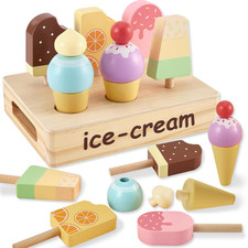 Wooden Ice Cream Stand for Kids, Ice Cream Popsicle Toy Pretend Play Food Kit...