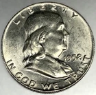 1958 D Franklin Half Dollar Uncirculated, 90% Silver - 0.3617 Troy Ounces - 3160