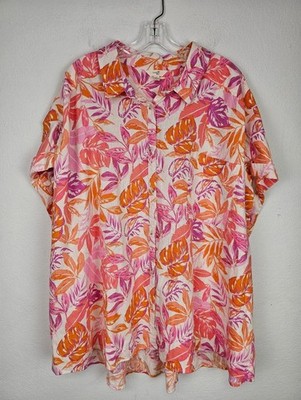 Linen Blend Tropical  Button-Up Shirt Pink/Orange Sz 4X Vacay Resort Coastal