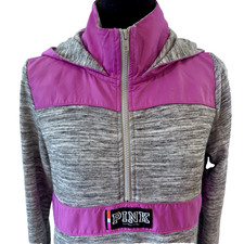 PINK Victoria  s Secret Half Zip Pullover Hoodie Logo Patch Gray Pink Size XS