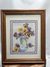 Vintage Cross Stitch Cross-stitch Pansies Country Baskets Framed Art Base Purple
