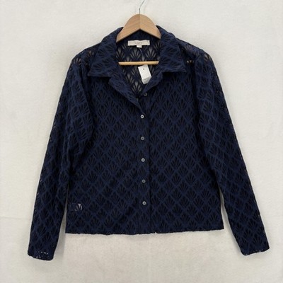 LOFT Shirt Womens Large Navy Blue Lace Sheer Button Front Top Geometric NWT