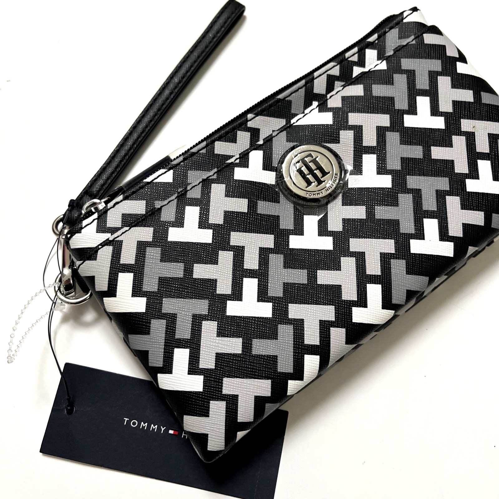 Tommy Hilfiger Monogram Wristlet Wallet Black Gray Dual Zip Wristlet