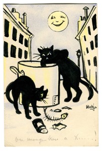 Détails Sur Dessin Original Signé Mateja Encre Et Crayonné Annoté Chats Noirs Lune On Mange