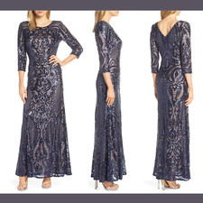 NWT 269 Alex Evenings Sequin Embroidered Mesh A-Line Gown Navy SZ 8 E936
