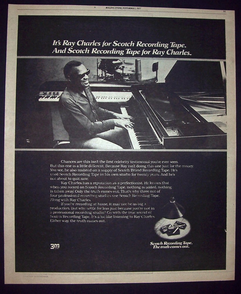 Ray Charles True to Life Era Scotch Recording Tape 1977 Poster Type Ad, Advert