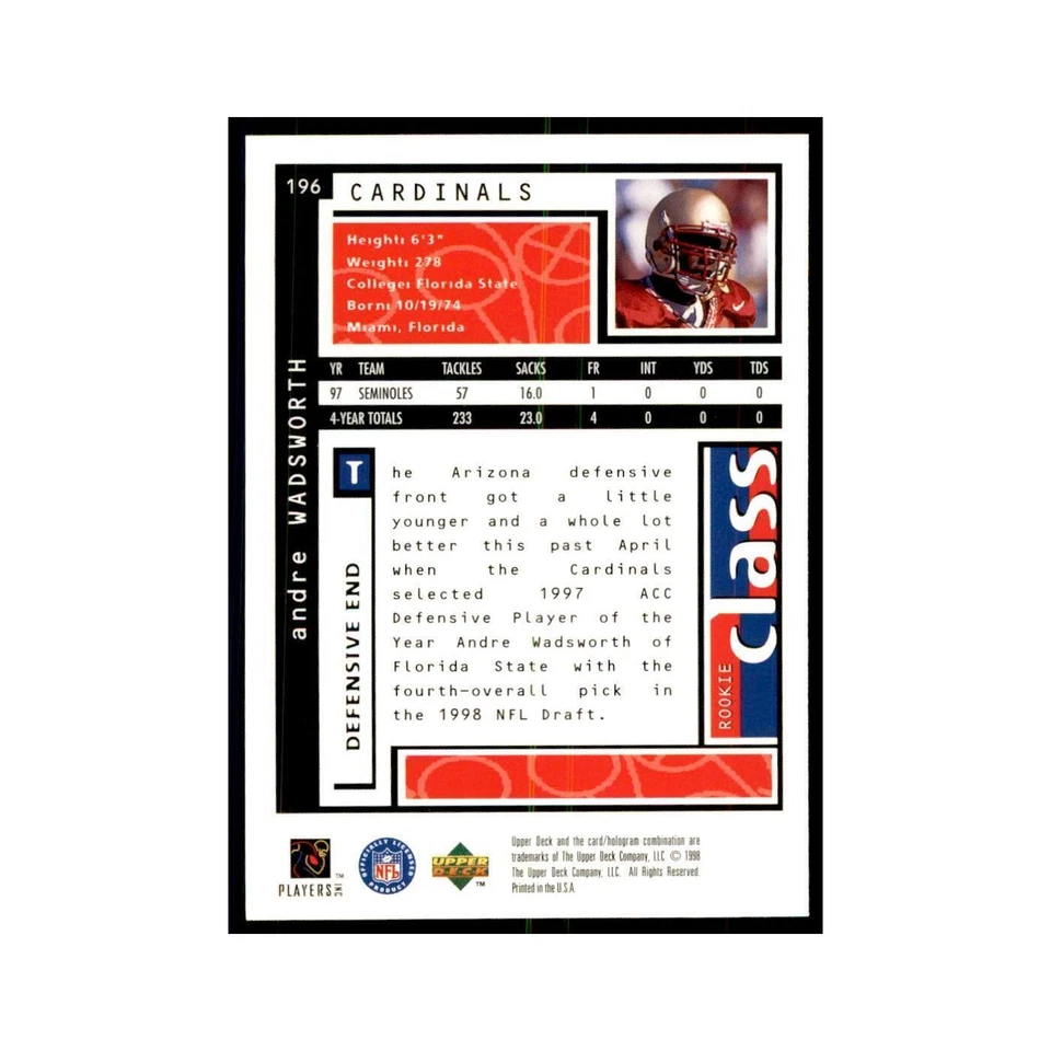 Andre Wadsworth Rookie 1998 UD Choice #196 Football Cards Football Card NM - Image 2 of 3