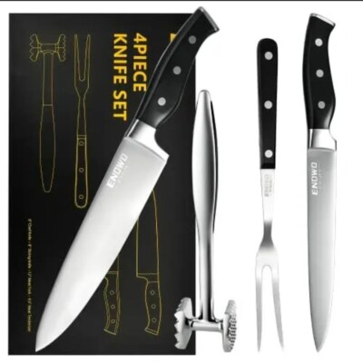 Enowo 4 Piece Set Chef Knife, Slicing Knife, Meat Fork, Meat Tenderizer
