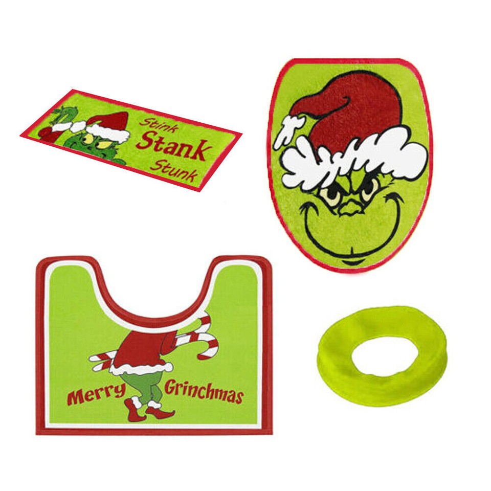 4Pcs Christmas Grinch Decor Sets Bathroom Nonslip Mat Toilet Seat
