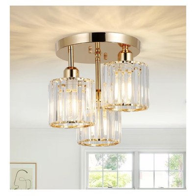 PAUFUL Crystal Semi Flush Mount Ceiling Light Rose Gold 3-Light Fixture