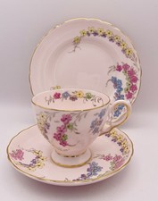 Tuscan China Trio Baby Pink Floral Pattern Enamel Jewels 225H Cup Saucer Plate