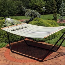 Large Quilted Hammock with Spreader Bar and Pillow - Khaki Stripe by Sunnydaze
