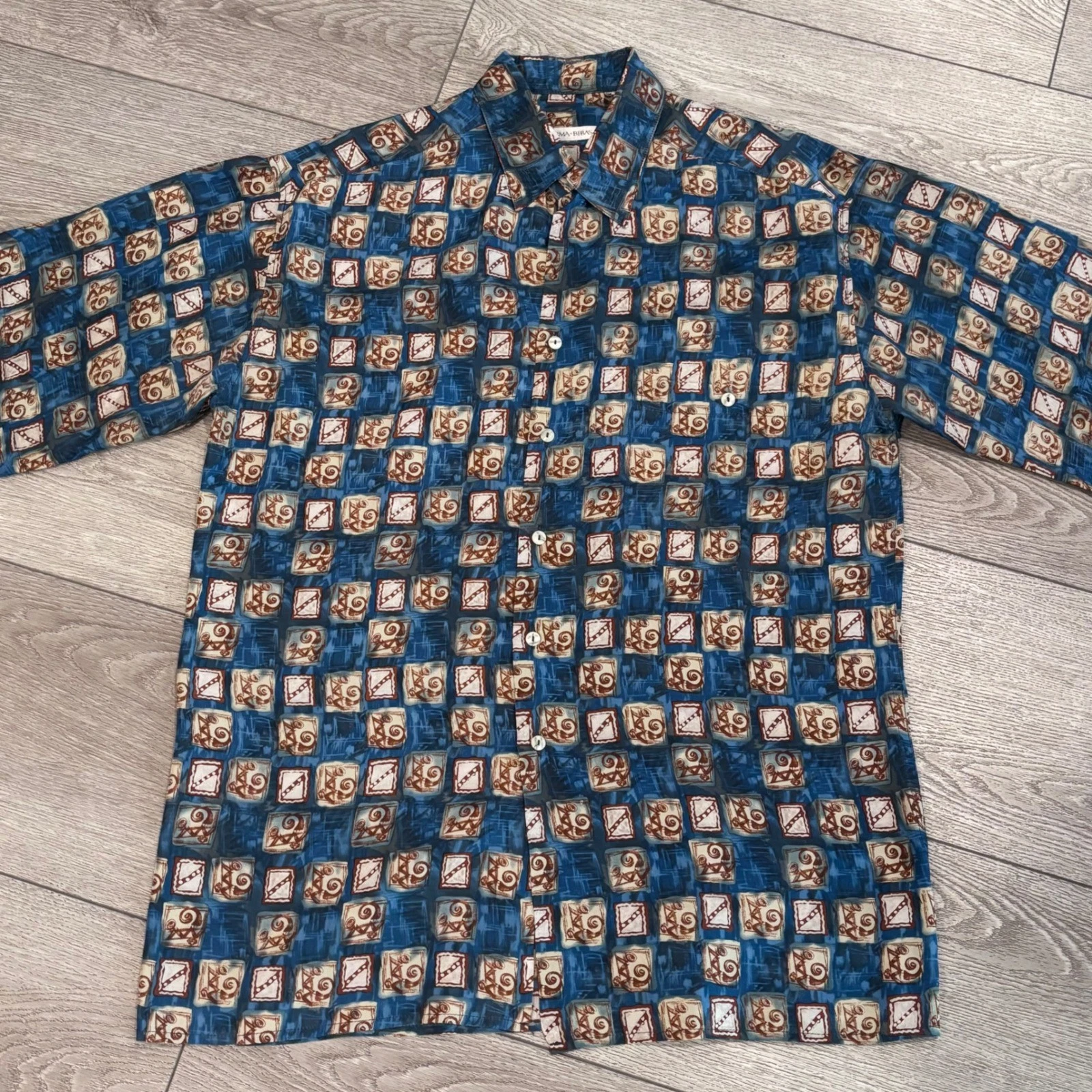 Burma Bibas Silk Button Up Shirt Mens Medium Abstract Pattern Vintage Style