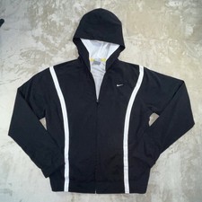 Nike Youth Large 12-14 Windbreaker Jacket Black White Hooded Full Zip Mesh Lined