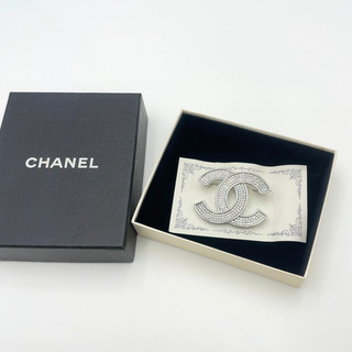Auth Chanel Large Rhinestone Coco Brooch SV B25C engraved W/Box BA120033