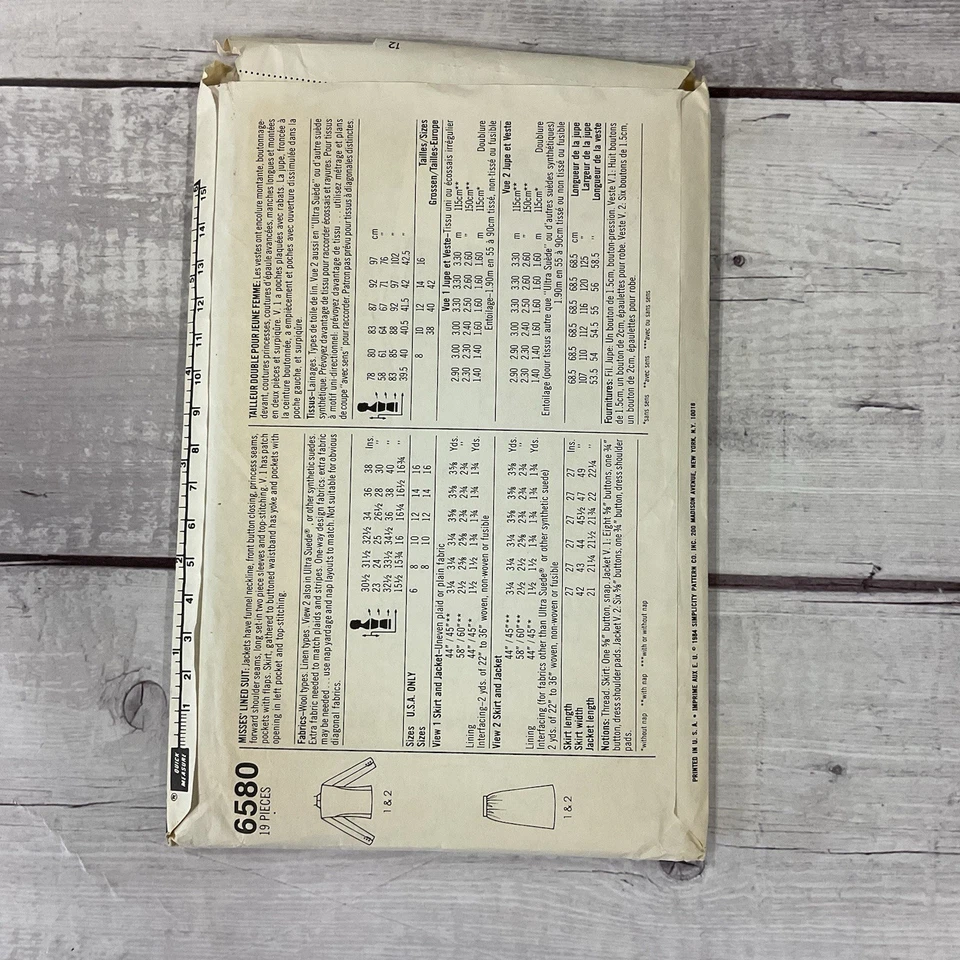 Simplicity 6580 Sewing Pattern Suit Jacket Skirt Lined VTG Miss Size 14 UNCUT - Image 2 of 4