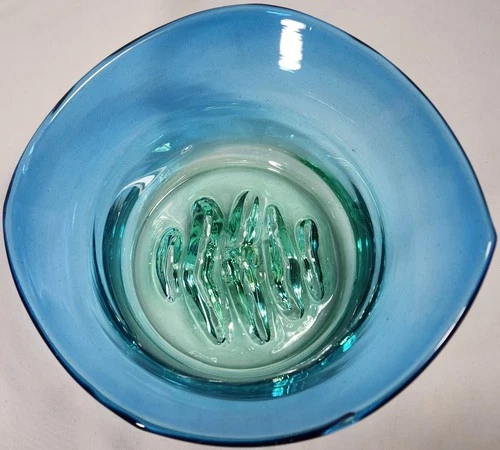 Blenko Big Sky Art Glass Bowl Green Blue 8.25 inch 1982 Don Shepard Mountains