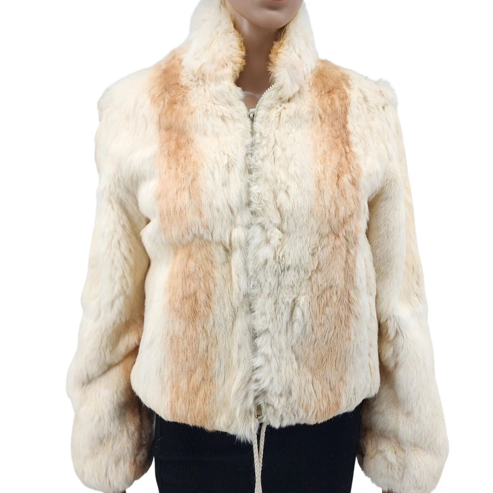 Vintage Elan Rabbit Fur Jacket Beige & Camel Striped Pattern Warm Soft Small S - Image 2 of 4