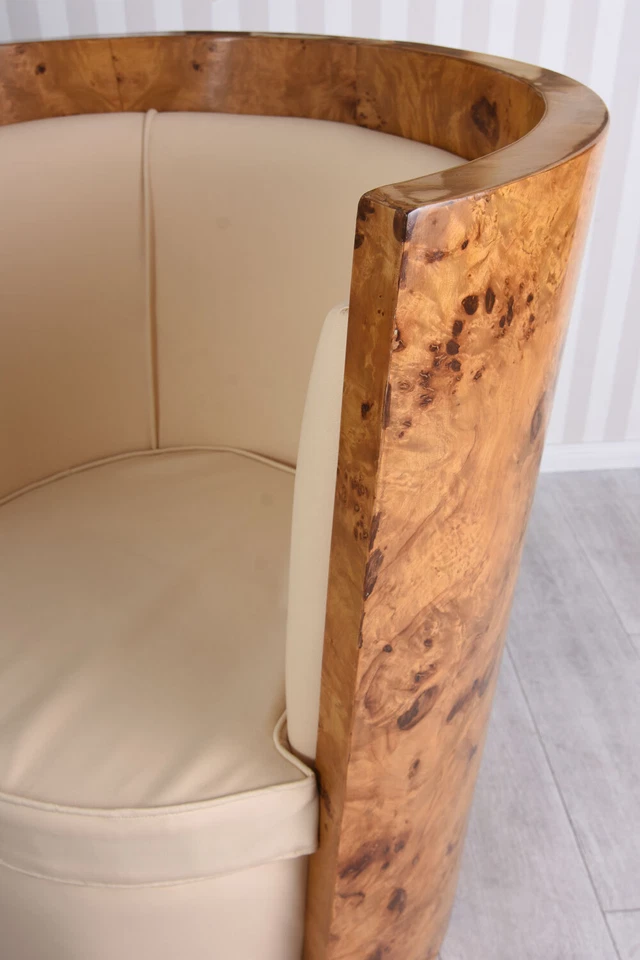 Art Deco Armchair Faux Leather Lounge Chair Club Chair Burl Wood Armchair - Image 4 of 4