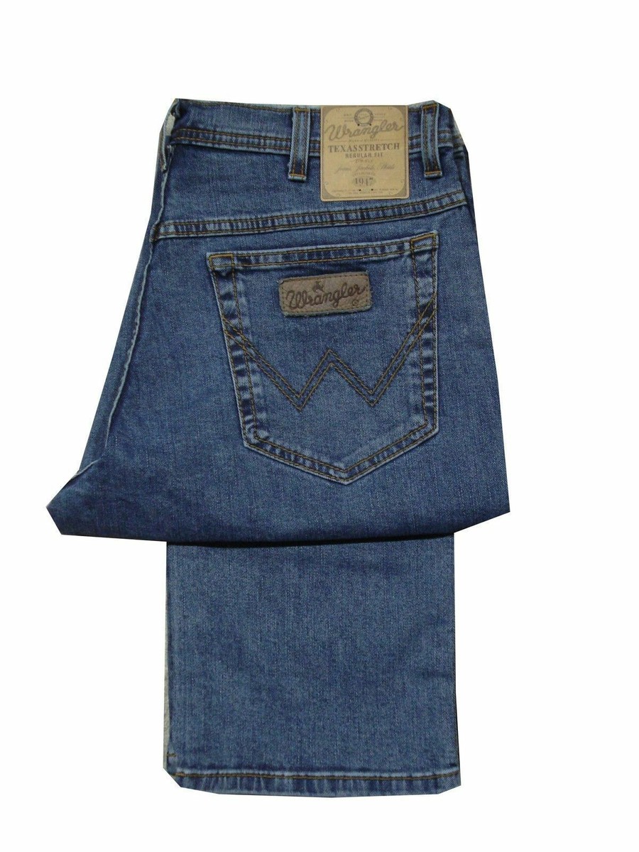 MENS WRANGLER TEXAS STRETCH JEANS REGULAR STRAIGHT LEG ZIP FLY STONE WASH  BLUE - Main Image