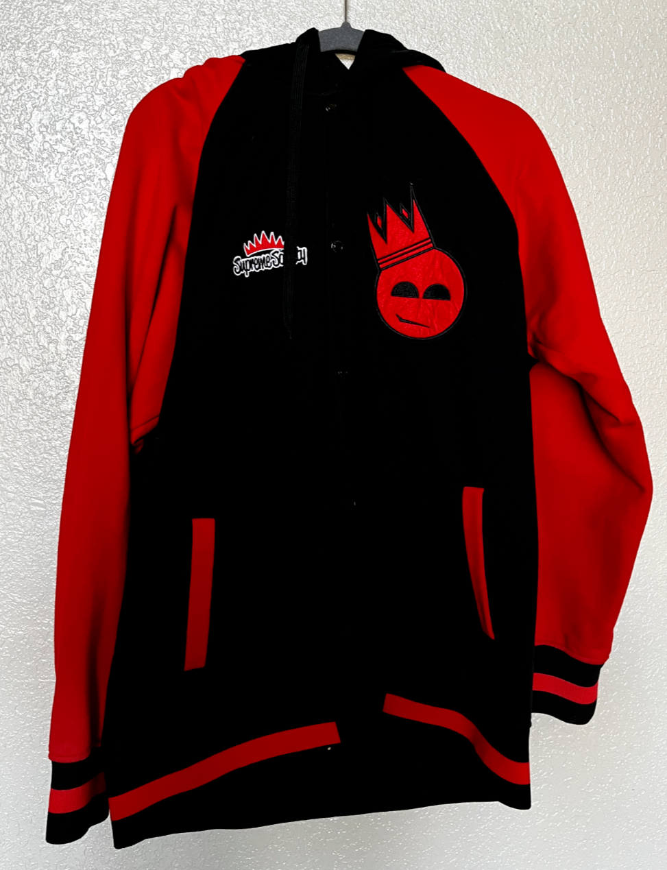 SUPREME SOCIETY Jacket Men's XL Red Black Varsity Hooded Snap Logo Long Sleeves