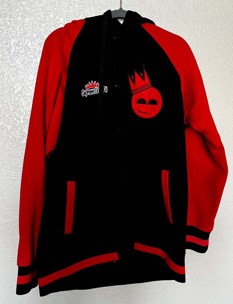 SUPREME SOCIETY Veste Homme XL Rouge Noir Varsity Capuche Snap Logo Manches Longues